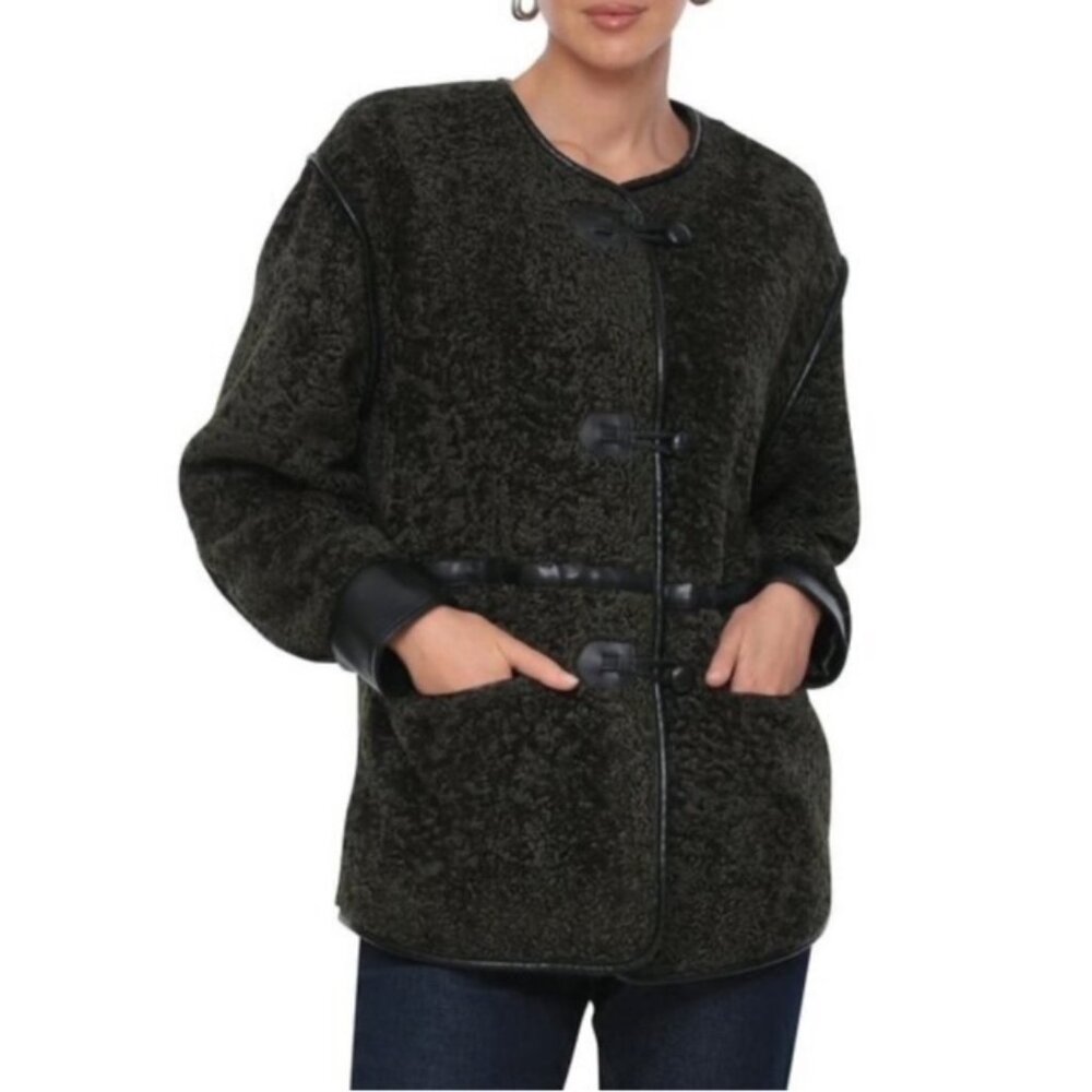7 For All Mankind Large Faux Fur Toggle Trim Teddy Jacket in Olive Green NWT